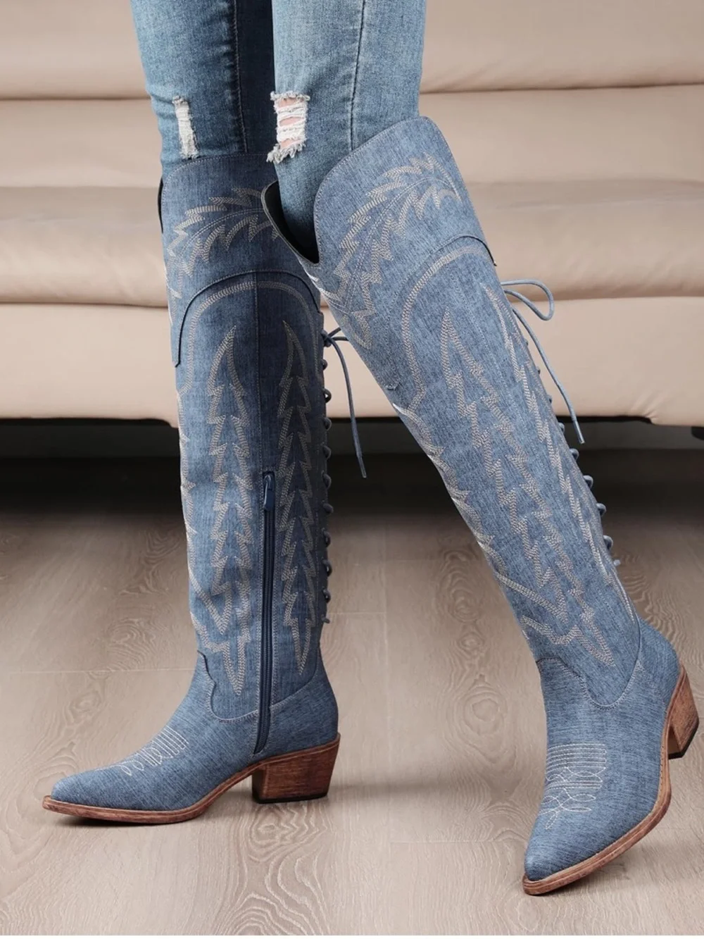 Denim Blue Lace-Up Western Over Knee Boot